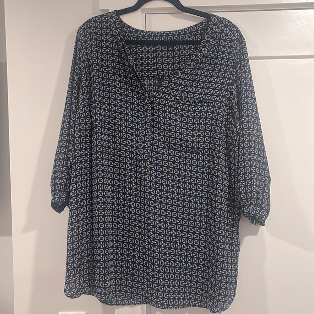 3/4 Sleeve Premise Studio (Stitch Fix) Tunic - Blue/Black/White Pattern